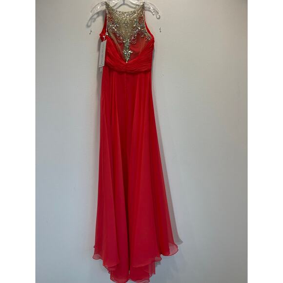 Rachel Allan Crystal Embellished Ruched Maxi Evening Gown Dress Size 2 Coral - Picture 6 of 6